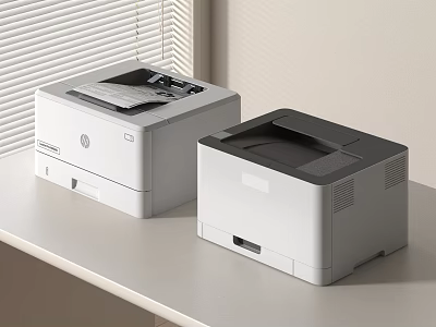 Office Appliances Two White And Gray HP Printers On Modern Office Desk Setup 3d model