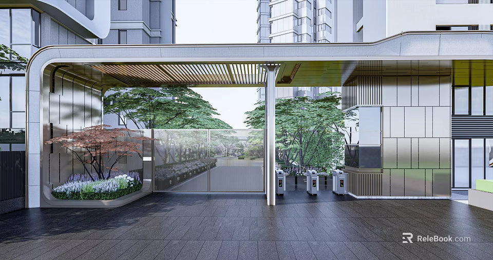 Modern Residential Entrance Gate Design With Metal Pergola Greenery And Stone Pavement 3d model 