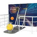 Interactive Air Basketball Art Installation Featuring Blue Screen White Railing And Yellow Ball