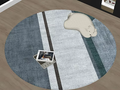 Round Area Rug With Blue Gray Striped Design And White Bear Plush On Photo Box 3d model