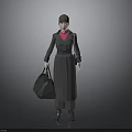 Stylish Woman Wearing Long Dark Coat Pink Turtleneck Hat And Handbag Standing Against Gray Background