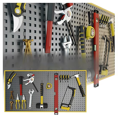 Organized Hardware Tools Hanging on Pegboard with Wrench Hammer Pliers Saw and Tape Measure 3d model