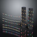 Colorful Decorative String Lights Wrapped Around Cylindrical Columns And Hanging With Reflections On Dark Surface 3d model