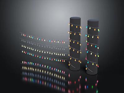Colorful Decorative String Lights Wrapped Around Cylindrical Columns And Hanging With Reflections On Dark Surface 3d model