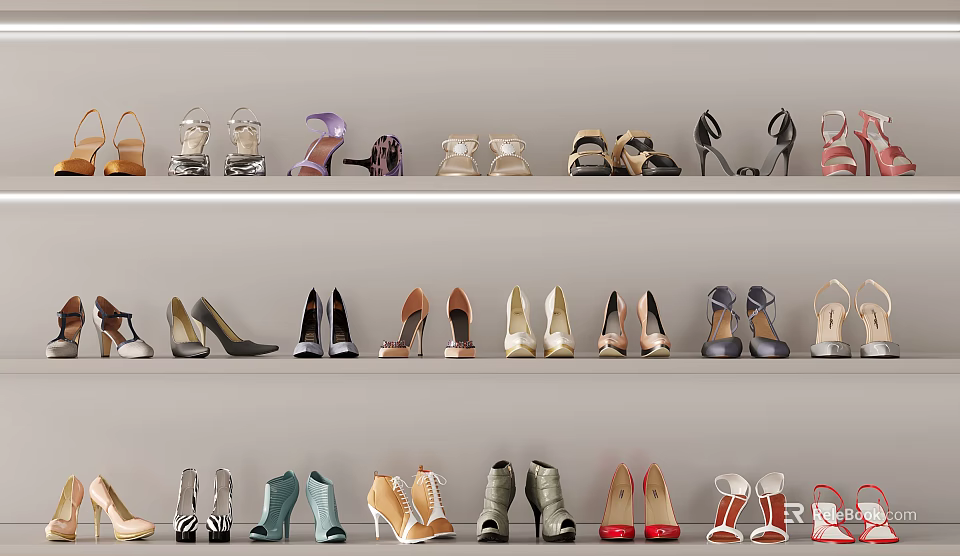 Various Women's Shoes Collection Display on Shelves with High Heels Flats Sandals 3d model 