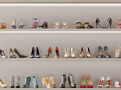 Various Women's Shoes Collection Display on Shelves with High Heels Flats Sandals 3d model