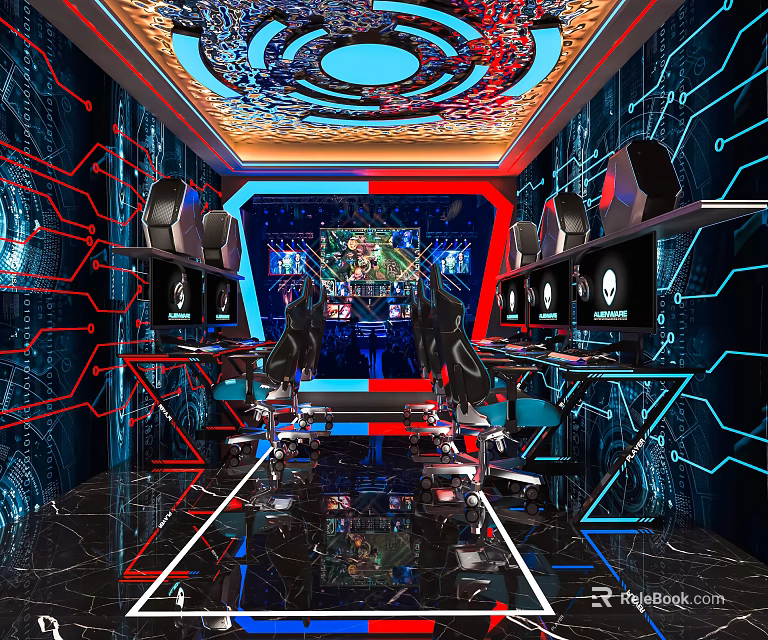 Hi Tech Cyber Cafe Interior With RGB Lighting Gaming Chairs And High Performance PCs 3d model 
