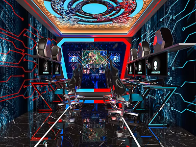 Hi Tech Cyber Cafe Interior With RGB Lighting Gaming Chairs And High Performance PCs 3d model