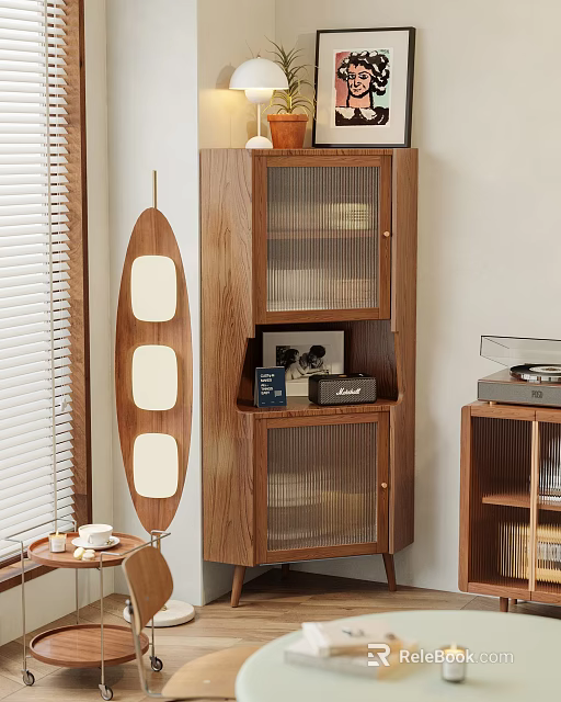 Wooden Display Cabinet with Glass Doors and Decorative Items in Bright Room near Window 3d model 