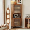 Wooden Display Cabinet with Glass Doors and Decorative Items in Bright Room near Window