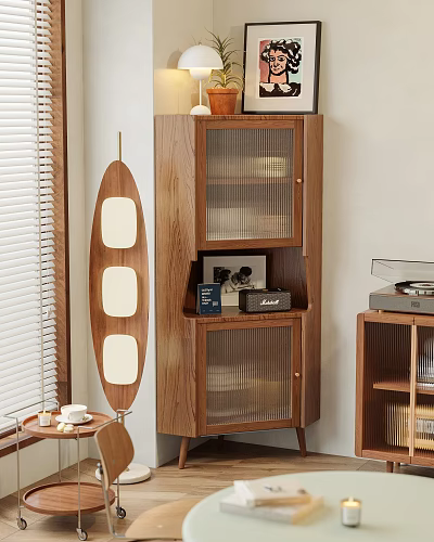 Wooden Display Cabinet with Glass Doors and Decorative Items in Bright Room near Window 3d model