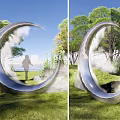 Silver Circular Metallic Landscape Sculpture With Green Grassland Trees Mist And Blue Sky