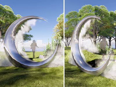 Silver Circular Metallic Landscape Sculpture With Green Grassland Trees Mist And Blue Sky 3d model