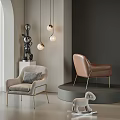Single Seater Fabric Leather Sofas Gold Legs Checkered Cushion Gray Background White Curtains Hanging Lamps