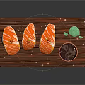 Salmon Sushi Pieces On Wooden Tray With Soy Sauce Bowl And Green Garnish