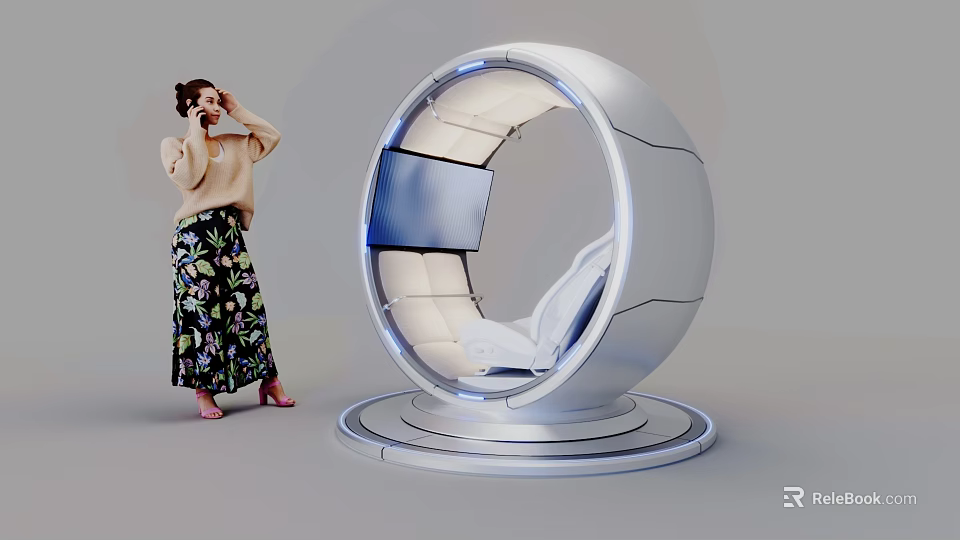 Woman Standing Next to Modern Circular Spaceship Style Seat With Screen and Comfortable Design 3d model 