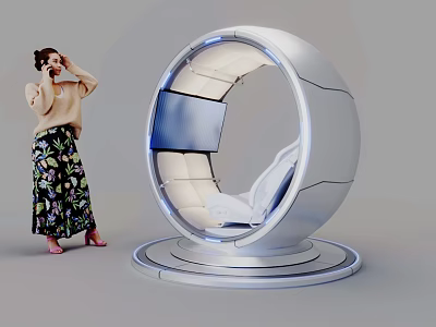 Woman Standing Next to Modern Circular Spaceship Style Seat With Screen and Comfortable Design 3d model