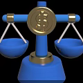 Blue Balance Scale With Gold Dollar Sign Coin And Two Balanced Blue Pans