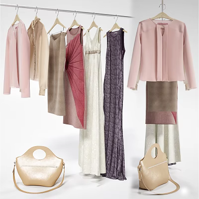 Stylish Women's Clothing Collection With Dresses Coats Skirts And Handbags In Pastel Hues 3d model