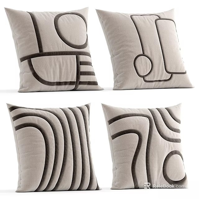 Beige Decorative Pillows With Black Geometric Curved Lines And Patterns For Sofa 3d model 
