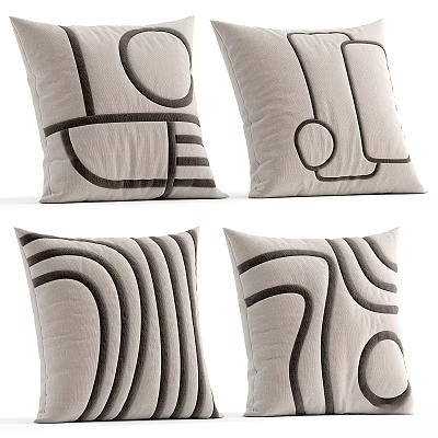 Beige Decorative Pillows With Black Geometric Curved Lines And Patterns For Sofa 3d model