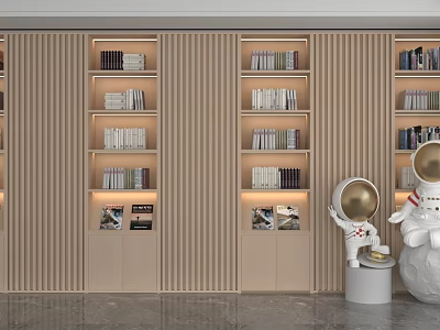 Minimalist Wooden Storage Cabinet Shelves With Books And Decorations On Gray Wall 3d model