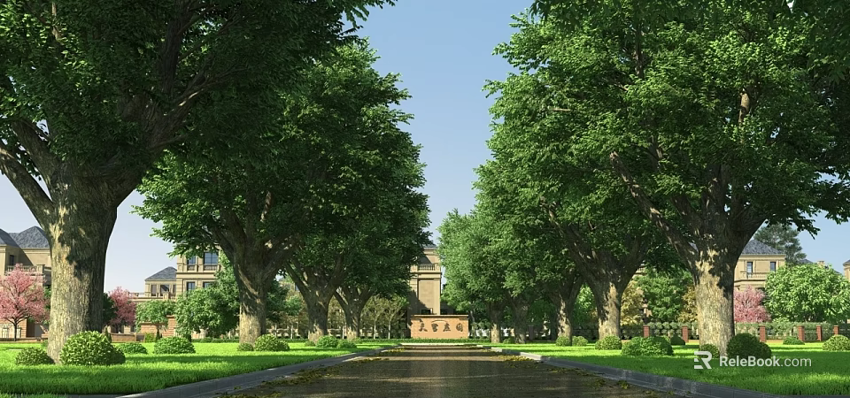 Municipal Road Lined With Tall Trees Green Lawns And Surrounding Buildings 3d model 