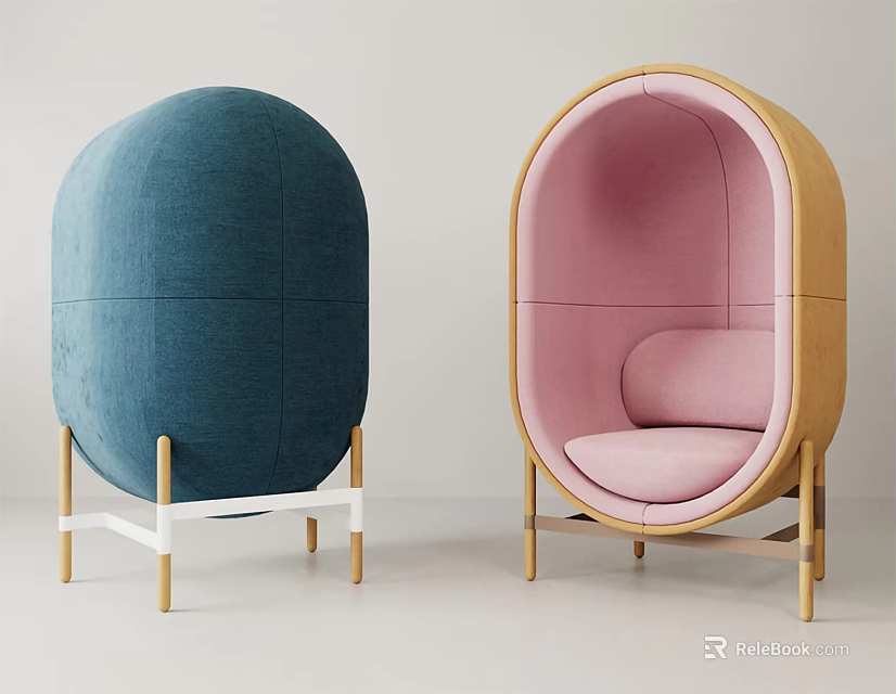 Modern Blue And Pink Upholstered Leisure Chairs With Oval Shape And Wooden Frames 3d model 