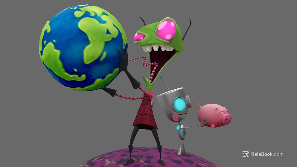 Green Alien Game Character With Pink Eyes Holding Earth Robot And Pig 3d model 