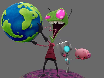 Green Alien Game Character With Pink Eyes Holding Earth Robot And Pig 3d model