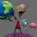 Green Alien Game Character With Pink Eyes Holding Earth Robot And Pig