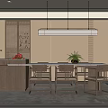 Traditional Chinese Style Restaurant Interior With Wooden Dining Table Chairs Pendant Light And Green Plant