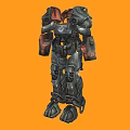Game And Movie Robot Character With Black Red Armored Combat Style Design On Orange Background