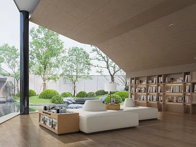 Modern Book Art Interior Design With Wooden Bookshelves Books Green Trees And White Sofa 3d model