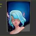Ethereal Female Character With Light Blue Hair And Decorative Horns On Dark Blue Starry Background