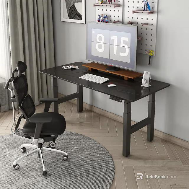 Modern Study Room With Dark Wooden Desk Computer Monitor Keyboard Mouse And Black Office Chair 3d model 