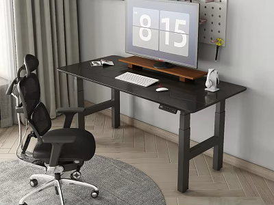 Modern Study Room With Dark Wooden Desk Computer Monitor Keyboard Mouse And Black Office Chair 3d model