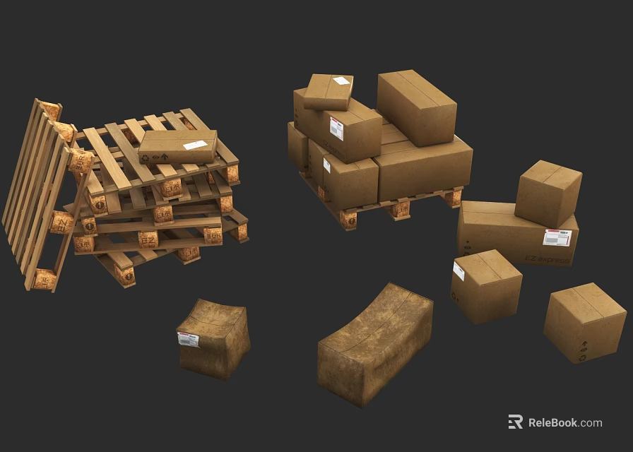 Stacked Wooden Boxes Pallets and Packages with Labels for Shipping Storage Logistics Handling 3d model 