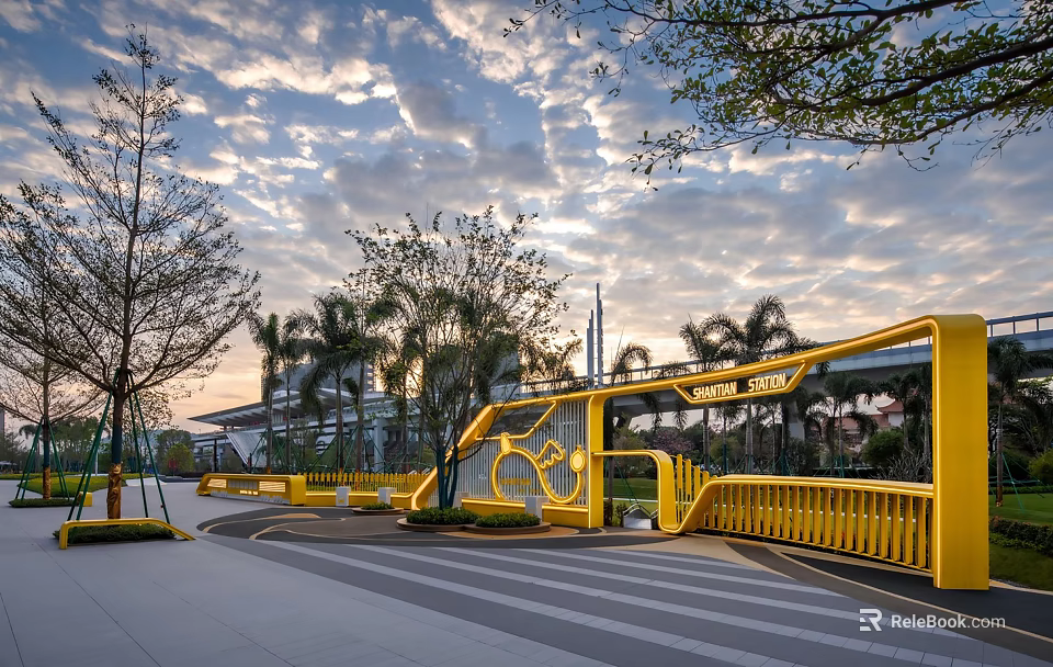 Modern Outdoor Chair In Yellow Park Setting With Trees And Cloudy Sky Surroundings 3d model 