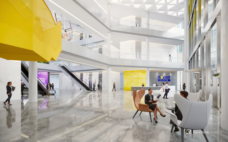 Front Desk Reception In Modern Spacious Lobby With Glass Walls Yellow Accents People Interacting 3d model 