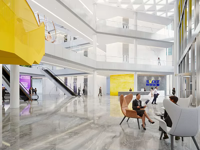 Front Desk Reception In Modern Spacious Lobby With Glass Walls Yellow Accents People Interacting 3d model