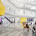 Front Desk Reception In Modern Spacious Lobby With Glass Walls Yellow Accents People Interacting