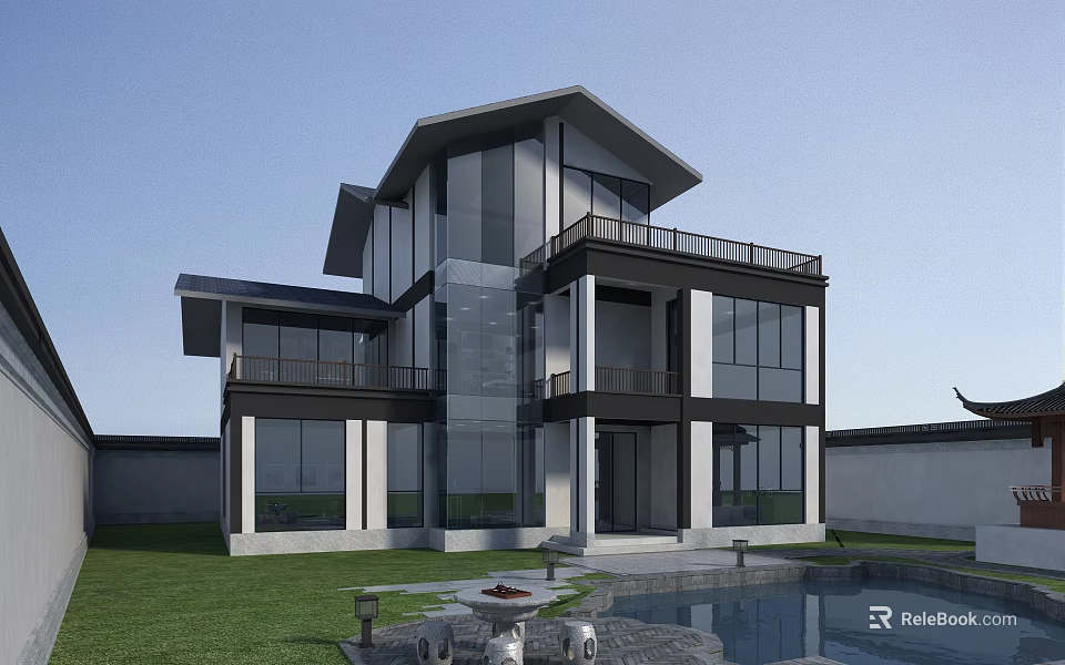 Modern Single Family House With Large Glass Windows Two Story Balcony Lawn And Pool 3d model 