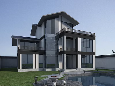 Modern Single Family House With Large Glass Windows Two Story Balcony Lawn And Pool 3d model