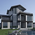 Modern Single Family House With Large Glass Windows Two Story Balcony Lawn And Pool