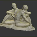 White Mermaid Sculptures Sitting Together With One Playing Instrument And Another Hugging Knees