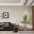 Modern Living Dining Room Interior With Wooden TV Wall LED Lighting And Glass Display Cabinet