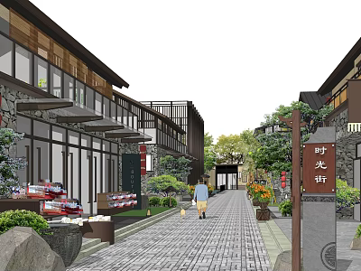 Traditional Style Commercial Street With Stone Paved Path Green Plants And Pedestrians 3d model