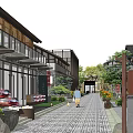 Traditional Style Commercial Street With Stone Paved Path Green Plants And Pedestrians