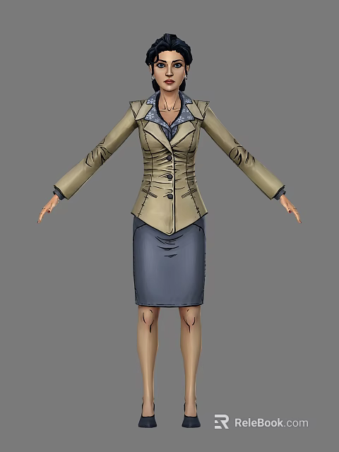 Woman Wearing Tailored Beige Blazer Blue Shirt And Blue Skirt Office Attire 3d model 